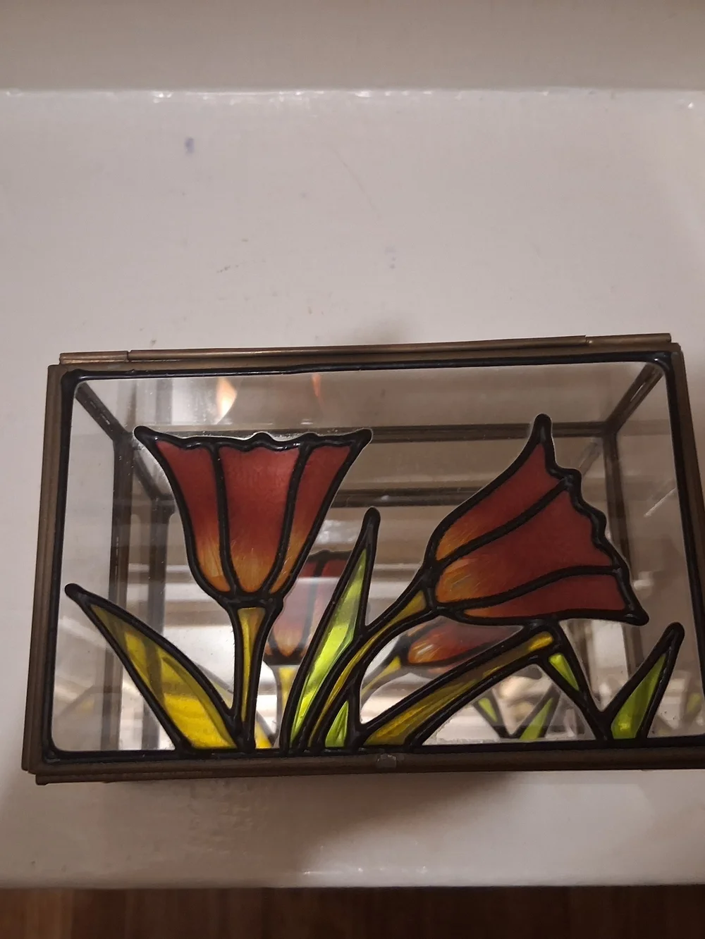 Vintage Brass & Stained Glass Jewelry Box